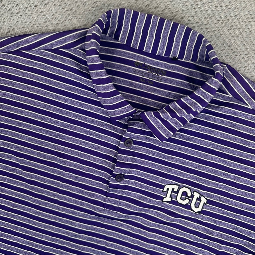 TCU Horned Frogs Columbia Golf Polo Shirt Mens XXL Purple Striped Performance